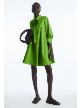COS Green Bow-Neck Cotton Mini Dress EU 34